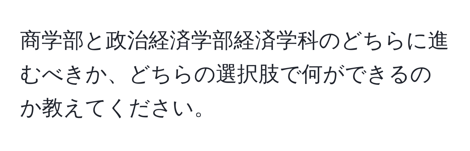 商学部と政治経済学部経済学科のどちらに進むべきか、どちらの選択肢で何ができるのか教えてください。