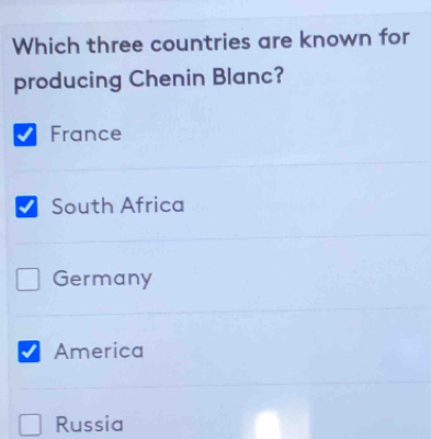 Which three countries are known for
producing Chenin Blanc?
France
South Africa
Germany
America
Russia