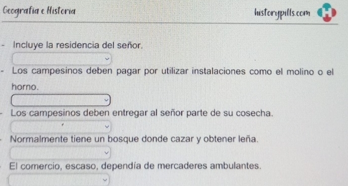 Geografía e Historia historypills.com 
- Incluye la residencia del señor. 
Los campesinos deben pagar por utilizar instalaciones como el molino o el 
horno. 
Los campesinos deben entregar al señor parte de su cosecha. 
Normalmente tiene un bosque donde cazar y obtener leña. 
El comercio, escaso, dependía de mercaderes ambulantes.