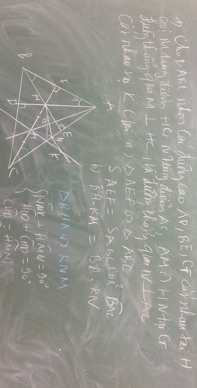 CLuD AB ( Nhem Ca duīng (ao AP¡ BE, CT Car nKau tāi H 
goi Mu tuan diem +é) NTnry deem Ac, AM∩ Hwta G 
duing thdg qoo M I t in duing thang qu WLAX 
Car nhan rai KCMa)△ AEF △ ABC
S_AEF=S_ABCcos^2B_BAC
3A· kM=BA· kN
DBHA KN N
beginarrayr Sim_ +HN=110+(_ _ _ =90=90°
CHD=HMN