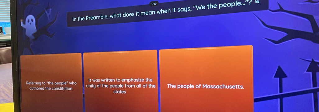 In the Preamble, what does it mean when it says, "We the people..."? * 
It was written to emphasize the 
Referring to "the people' who unity of the people from all of the The people of Massachusetts. 
authored the constitution. 
states