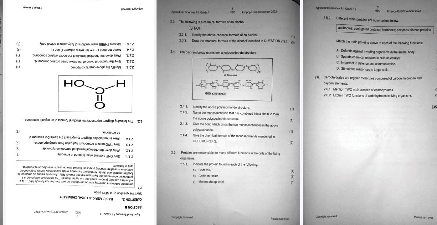 paəsal 146μdo]
Agricultural Sciences P1 Grade 11
Jako wn eseald  Agricultural Sciences P1 Grade 11 Limpopo DoE/November 2022
2.5.2. Different main proteins are summarized below
2.3. The following is a chemical formula of an alcohol.
C₂H₅OH
antibodies; conjugated proteins; hormones; enzymes; fibrous proteins
2.3.1. Identify the above chemical formula of an alcohol.
(1)
2.3.2. Draw the structural formula of the alcohol identified in QUESTION 2.3.1. (3) Match the main proteins above to each of the following functions:
(ε) ρος ¡ешие и! sρɨе μеj jo suοŋɔunj иiew 33४H⊥ ssnɔs!σ S'Z
A. Defends against invading organisms in the animal body
(1) *Ο ρие ⊃ иəэмιэς sɪs!хə цɔ!цм ( = ) ρиος θц! əшеN 2.4. The diagram below represents a polysaccharide structure B. Speeds chemical reaction in cells as catalyst.
(1) punodωος эιυебο аλοξе θцι ιο е¡пшлοι¡εэιшэцɔ эψι имορ эμΜ
(1) ‘puпodшоэ эиебо иал6 аλофе эцɪ jo dnол6 |еυо!эип; эц; а^!ς '''
C. Important in defence and communication.
(1)
D. Stimulates responses in target cells
2.6. Carbohydrates are organic molecules composed of carbon, hydrogen and
oxygen elements.
2.6.1. Mention TWO main classes of carbohydrates.
600 C6H12O6 2.6.2. Explain TWO functions of carbohydrates in living organisms.
2.4.1. Identify the above polysaccharide structure. (1) [35
2.4.2. Name the monosaccharide that has combined into a chain to form
the above polysaccharide structure 
(1)
puνοdωοο эиебο ие jο е¡лшος елσгς эц μəsəлdəл шεбер бυμмοήοή θψц Z¯Z Give the bond which binds the two monosaccharides in the above
polysaccharide (1)
(ε) Give the chemical formula of the monosaccharide mentioned in
o алɔπήs 1οσ siмə7 ə41 vəsəjdəj ο) wеjδер раļəqe| ¡eəu e меjσ "p" L'Z QUESTION 2.4.2.
z аλοqе цdебелеď шό』 эр!хοлрήη шη!μошше jo səsn OML ə^ "ε" レ"Z
(2)
(Z) Αρικοκρής ωηιυοшшеιο елшος εэιшэψο θцι иΜοр еψ 'z˙ l'र 2.5. Proteins are responsible for many different functions in the cells of the living
(1)
е¡μοшше и рилοj s! цɔ५м |uəшə|ə ∃Ν0 ∞9 "LLZ organisms.
sjəzyμəj ui pue 2.5.1. Indicate the protein found in each of the following
səuisnpui Buunɔejnuew wi pasn əq osje pirco 1| səsodind Buiueəjɔ joj pasn si eiuoωω a) Goat milk
(1)
pοψəsnοц sе шмοωх ήυοшωοο ςι χομм аριхοιрήι шлμοшшυ siυеɪd рuе s¡ешие ιος ροομ
0i josnoajd se sawаς Εлοωων  "ΗΝ Εлωοιаυι иν υаδολрλη рие υаθομυ jο υοηеυσήομo b) Cattle muscles
e si punodωοο ωлμοωωе aq⊥ е υеυιπουδ ςι jι рuе jaws juaδund yμ seδ ssаμπσο (1)
e s! 1 . "ΗΝ εлωωος τелωаψο аψι ημν υοι эωοιеήος аδеιο ήаκήsοd e sι υοηеο еιμοшшυ c) Merino sheep wool
(1)
l 
abed M3N e uo vonsanb si4 vS
⊥SIW3нɔ 7∀U∩⊥7лɔ|U9∀ ɔIS∀8 :Z NOI⊥S3NO
8 NOLɔ3S
¿Z0z Jəqwanon/30g ododu  l aperg la sasuaιoς enrouñ Please turn over
Copyright reserved Please turn over Copyright reserved