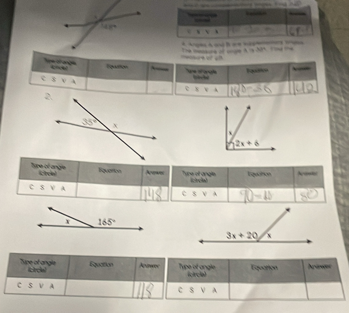 Anges A and B are iuplemantons triges
The measure of cnie A15 b34 Tou Thể
medaure (6,-2)
Tipe of angle (círcio) Deson Tope of angla Equation A 
Equaltion
C Uar iné
C V A
Tipe of angle Equattion Answel Type of angle Equation Adat
(3rde)
(círcla)
C $
c S
Tipe of angle Equation Answer Type of angle Équation Anwer
(8rdn)
(circia)
C S V A C s V A