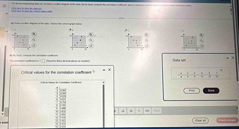 For the accompanying data set, (a) draw a scafter diagram of the data, (b) by hand, compute the corretation coefficient, and (c) determine whether there is a linear resation between x and y
Click here to view the data set. 
Click here to view the critical vatues table 
(a) Draw a scatter diagram of the data. Choose the correct graph below 
A 
B. 
D
20
20 4 20 r.
0
10
0 10 α 19
(b) By hand, compute the correlation coefficient. 
The currelation coefficient is r=□ (Round to three decimal places as needed.) Data set 
。 
Critical values for the correlation coefficient
2 4 . 6
4 8 12 13 1D
Critical Values for Correlation Coefficient 
n
3 0 907 Print Done
4
5 0 878 0 960
6
7 0.754 0.811
8
9 0 666 0 707
√i 0. (0,8)
10 0 632 Mare
11
12 0 576 0 602
13
exan 0.532 0 553 Clear all Check answar
14
15 0 514