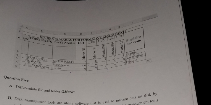 Question Five 
A. Differentiate file and folder /2Marks 
B. Disk management tools are utilitv software that is used to manage data on disk by 
management tools