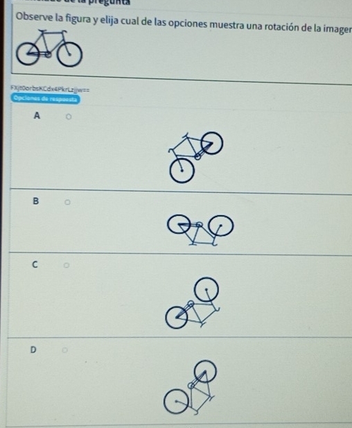 Observe la figura y elija cual de las opciones muestra una rotación de la imager
FXjt0orbsKCdx4PkrLzjjw==
Opciones de respuesta
A
B
D