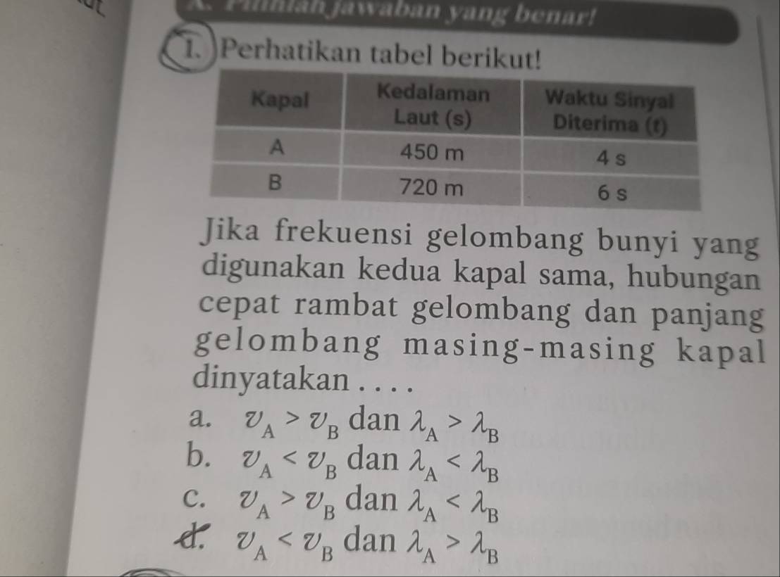 at
A. Pilnlah jawaban yang benar!
1. )Perhatikan tabel berikut!
Jika frekuensi gelombang bunyi yang
digunakan kedua kapal sama, hubungan
cepat rambat gelombang dan panjang
gelombang masing-masing kapal
dinyatakan . . . .
a. v_A>v_B dan lambda _A>lambda _B
b. v_A dan lambda _A
C. v_A>v_B dan lambda _A . v_A dan lambda _A>lambda _B