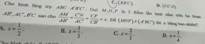 c. (BE D. (CCA). 
Cho hình lăng trụ ABC· A'B'C' Gọi M,N, P là 3 điễm lần lượt năm trên ta đoạn
AB', AC'', B'C sao cho  AM/AB' = C'N/AC' = CP/CB' =x , Đề (MNP)parallel (A'BC') tú x bóng bao shiên
A. x= 1/2 ,
B. x= 1/3 , C. x= 2/3 , D. z= 1/4 . 
L