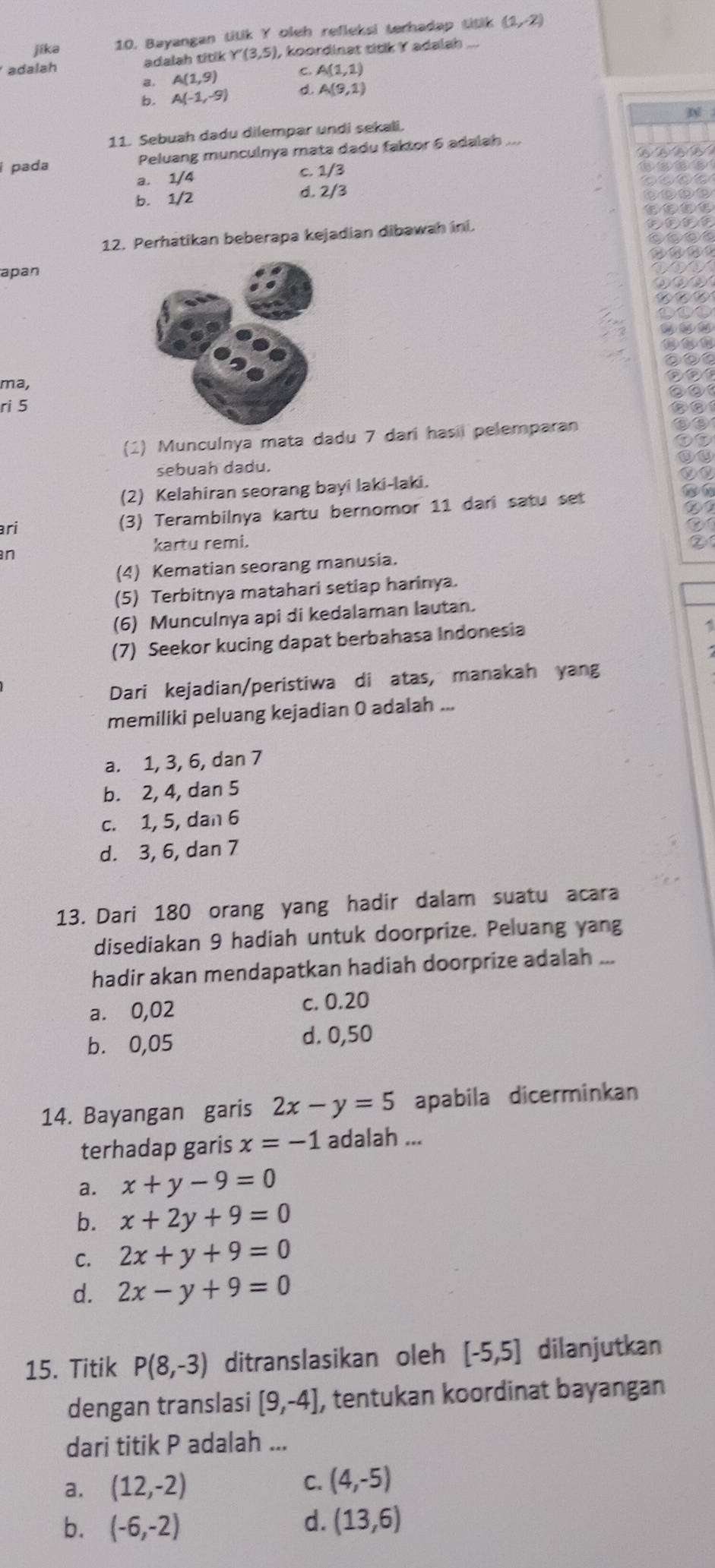 jika 10. Bayangan tilik Y oleh refleksi terhadap titik (1,-2)
dalah adalah titik Y'(3,5) ), koordinat titik Y adalah_
a. A(1,9)
C. A(1,1)
b. A(-1,-9) d A(9,1)
11. Sebuah dadu dilempar undi sekali.
i pada Peluang munculnya mata dadu faktor 6 adalah ....
a. 1/4 c. 1/3
b. 1/2 d. 2/3
12. Perhatikan beberapa kejadian dibawah ini.
apan
ma,
ri 5
(1) Munculnya mata dadu 7 dari hasil pelemparan
sebuah dadu.
(2) Kelahiran seorang bayi laki-laki.
ari (3) Terambilnya kartu bernomor 11 dari satu set
kartu remi.
n
(4) Kematian seorang manusia.
(5) Terbitnya matahari setiap harinya.
(6) Munculnya api di kedalaman lautan.
(7) Seekor kucing dapat berbahasa Indonesia
Dari kejadian/peristiwa di atas, manakah yang
memiliki peluang kejadian 0 adalah ...
a. 1, 3, 6, dan 7
b. 2, 4, dan 5
c. 1, 5, dan 6
d. 3, 6, dan 7
13. Dari 180 orang yang hadir dalam suatu acara
disediakan 9 hadiah untuk doorprize. Peluang yang
hadir akan mendapatkan hadiah doorprize adalah ...
a. 0,02 c. 0.20
b. 0,05 d. 0,50
14. Bayangan garis 2x-y=5 apabila dicerminkan
terhadap garis x=-1 adalah ...
a. x+y-9=0
b. x+2y+9=0
C. 2x+y+9=0
d. 2x-y+9=0
15. Titik P(8,-3) ditranslasikan oleh [-5,5] dilanjutkan
dengan translasi [9,-4] , tentukan koordinat bayangan
dari titik P adalah ...
a. (12,-2)
C. (4,-5)
d.
b. (-6,-2) (13,6)