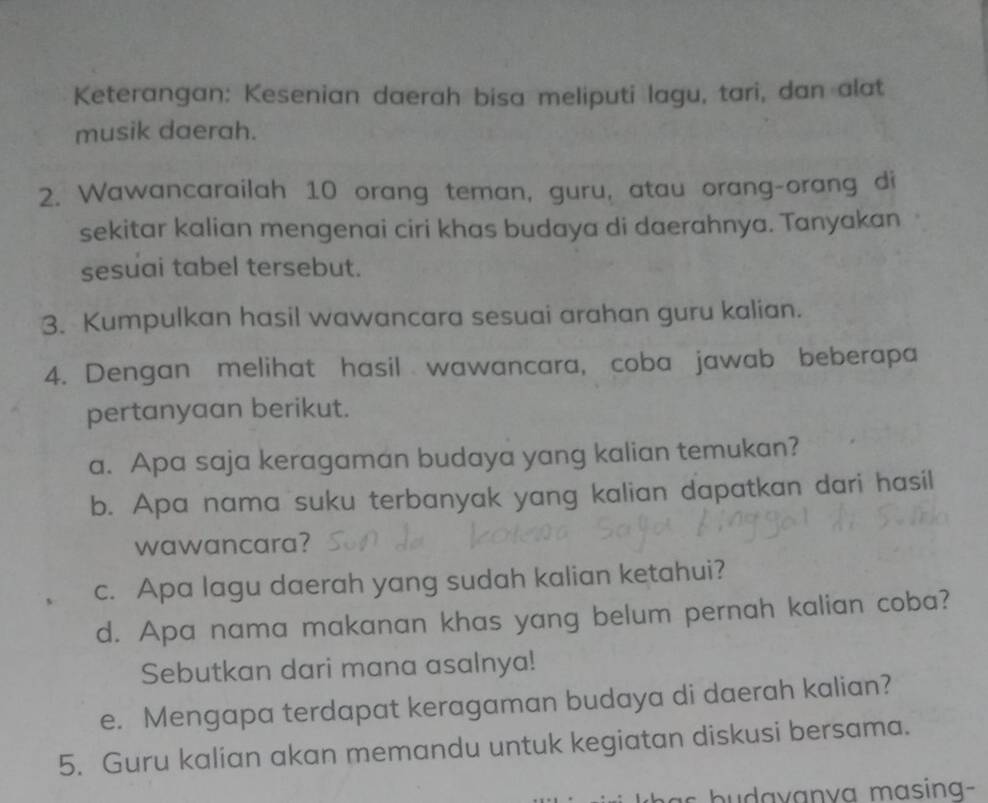 Keterangan: Kesenian daerah bisa meliputi lagu, tari, dan alat 
musik daerah. 
2. Wawancarailah 10 orang teman, guru, atau orang-orang di 
sekitar kalian mengenai ciri khas budaya di daerahnya. Tanyakan 
sesuai tabel tersebut. 
3. Kumpulkan hasil wawancara sesuai arahan guru kalian. 
4. Dengan melihat hasil wawancara, coba jawab beberapa 
pertanyaan berikut. 
a. Apa saja keragaman budaya yang kalian temukan? 
b. Apa nama suku terbanyak yang kalian dapatkan dari hasil 
wawancara? 
c. Apa lagu daerah yang sudah kalian ketahui? 
d. Apa nama makanan khas yang belum pernah kalian coba? 
Sebutkan dari mana asalnya! 
e. Mengapa terdapat keragaman budaya di daerah kalian? 
5. Guru kalian akan memandu untuk kegiatan diskusi bersama. 
s b u a van va masina-