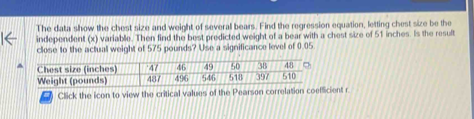 The data show the chest size and weight of several bears. Find the regression equation, letting chest size be the 
independent (x) variable. Then find the best predicted weight of a bear with a chest size of 51 inches. Is the result 
close to the actual weight of 575 pounds? Use a significance level of 0.05. 
Click the icon to view the critical vicient r