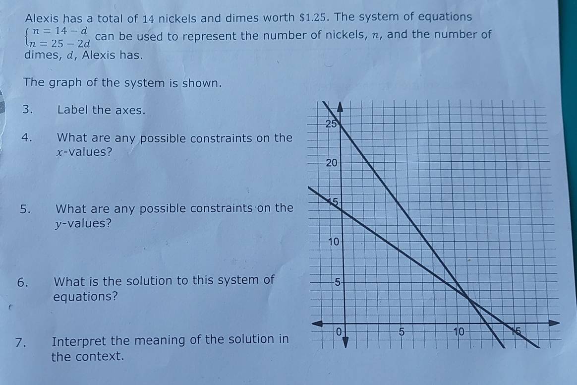 Alexis has a total of 14 nickels and dimes worth $1.25. The system of equations
beginarrayl n=14-d n=25-2dendarray. can be used to represent the number of nickels, n, and the number of 
dimes, d, Alexis has. 
The graph of the system is shown. 
3. Label the axes. 
4. What are any possible constraints on the
x -values? 
5. What are any possible constraints on the
y -values? 
6. What is the solution to this system of 
equations? 
7. Interpret the meaning of the solution in 
the context.