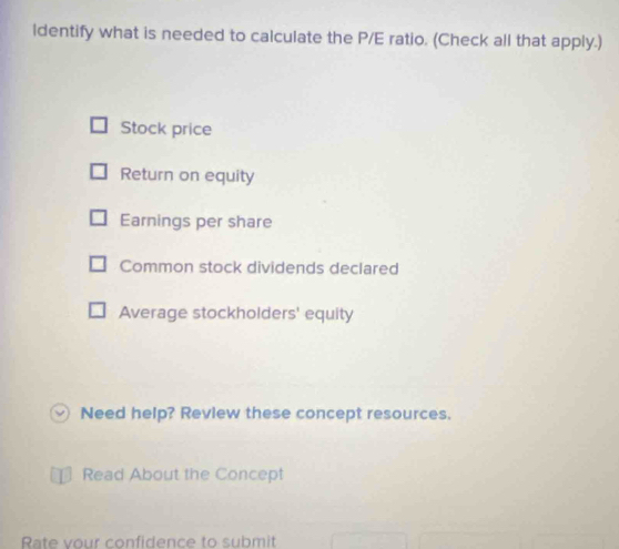 ldentify what is needed to calculate the P/E ratio. (Check all that apply.)
Stock price
Return on equity
Earnings per share
Common stock dividends declared
Average stockholders' equity
Need help? Review these concept resources.
Read About the Concept
Rate vour confidence to submit