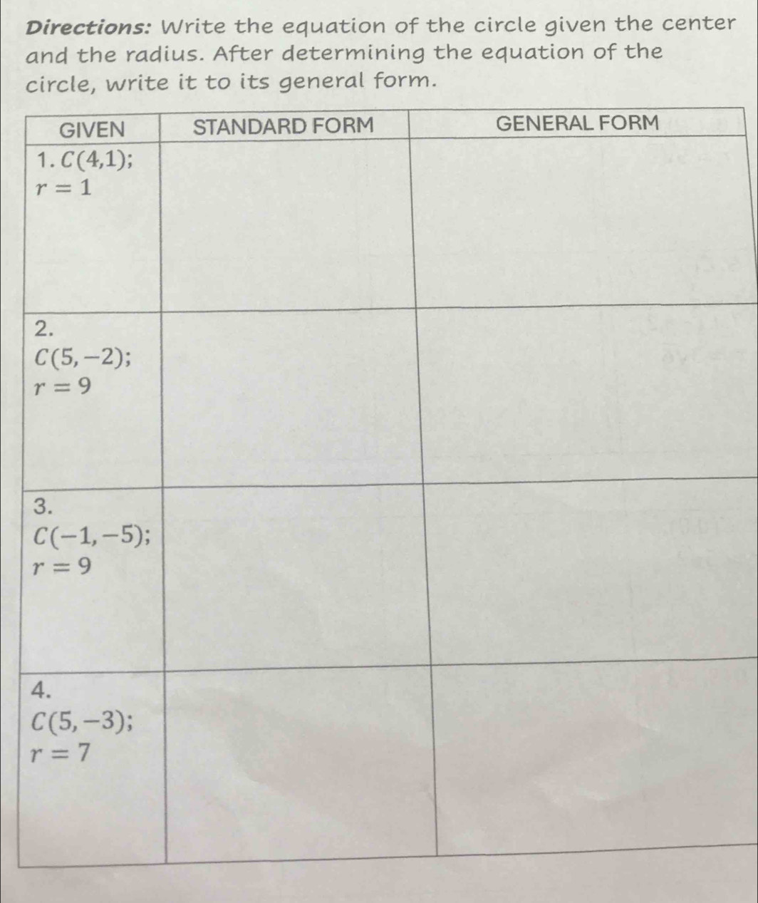 Directions: Write the equation of the circle given the center
and the radius. After determining the equation of the
ci
1
2
3
4