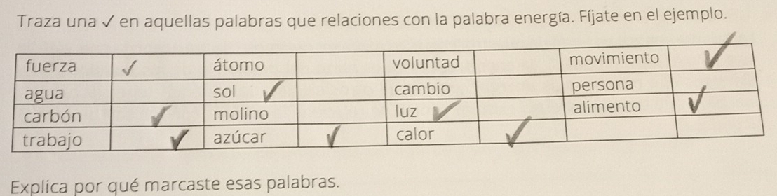 Traza una ✓ en aquellas palabras que relaciones con la palabra energía. Fíjate en el ejemplo. 
Explica por qué marcaste esas palabras.