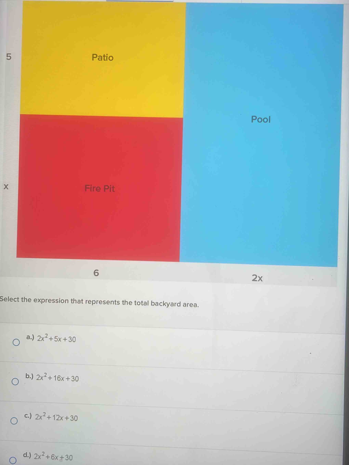 Patio
Pool
X Fire Pit
6
2x
Select the expression that represents the total backyard area.
a.) 2x^2+5x+30
b.) 2x^2+16x+30
c.) 2x^2+12x+30
d.) 2x^2+6x+30