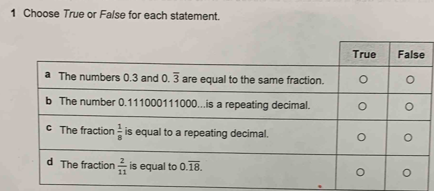 Choose True or False for each statement.