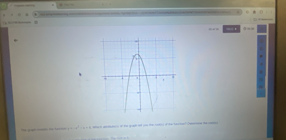 Hnghme ing N 
. n ■ =D.qng coV3=3000UwE=3(NASNYSOA=/IVNTHVN1TUVOVA%EN3O)QVNTNVNTIUWDVDTNO0O1 a
10 = 16 Nex ⑤∞3
The graph models the function y=-x^2-x+6 Which attribute(s) of the graph tell you the root(s) of the function? Determine the root(s)
of the tes non. The root is 6