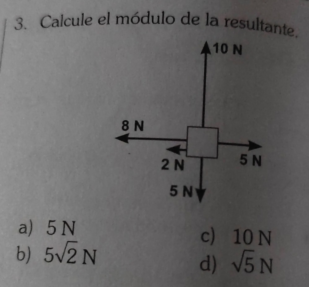 Calcule el módulo de la resultante.
a 5 N
c 10 N
b) 5sqrt(2)N
d) sqrt(5)N