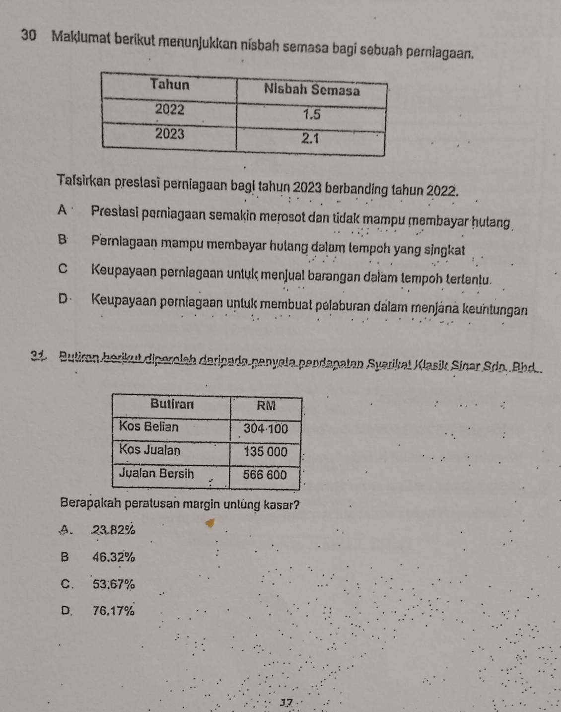 Maklumat berikut menunjukkan nísbah semasa bagi sebuah perniagaan.
Tafsirkan preslasi perniagaan bagi tahun 2023 berbanding tahun 2022.
A Prestasi perniagaan semakin merosot dan tidak mampu membayar hulang
B Perniagaan mampu membayar hulang dalam tempoh yang singkat
C Keupayaan perniagaan untuk menjual barangan dalam tempoh tertentu.
D Keupayaan perniagaan unluk membuat pelaburan dálam menjánä keuntungan
31 Butiran bérikut diperolah deripada penyeta pendapatan Syerikat Klasik Sígar Sdo. Bhd 
Berapakah peratusan margin unlüng kasar?
A. 23.82%
B 46.32%
C. 53:67%
D. 76,17%