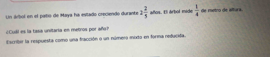 Un árbol en el patio de Maya ha estado creciendo durante 2 2/5  años. El árbol mide  1/4  de metro de altura. 
¿Cuál es la tasa unitaria en metros por año? 
Escribir la respuesta como una fracción o un número mixto en forma reducida.