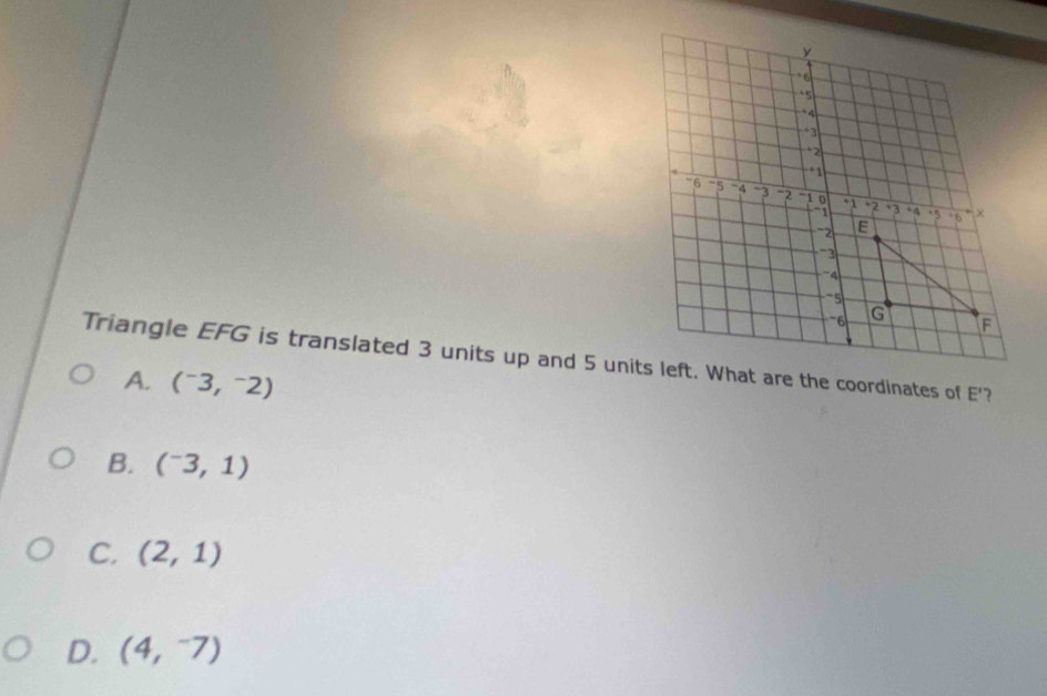 Triangle EFG is translated 3 units up and 5 units left. What are the coordinates of E'?
A. (^-3,^-2)
B. (^-3,1)
C. (2,1)
D. (4,-7)