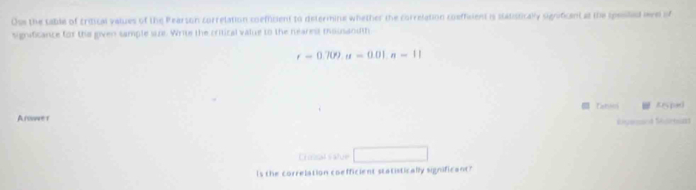 Oss the table of criical values of the Pearson correlation coefficient to determing whether the correlation coefficient is statistically significent at the spesiled level of 
significance for the given sample size. Write the critical value to the nearest mousaodth
r=0.709. u=0.01, n=11
CaON Arspar 
Anwer 
Renet Mrtan 
Crmal s atue 
ls the correlation coefficient statistically significant?