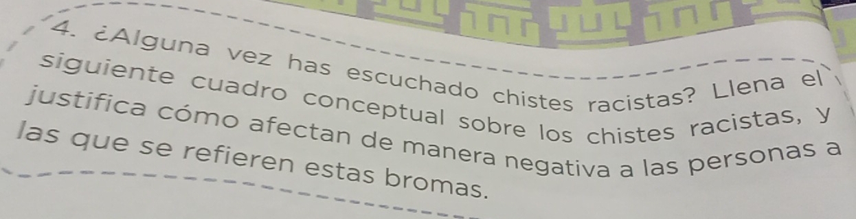 7 
4. ¿Alguna vez has escuchado chistes racistas? Llena el 
siguiente cuadro conceptual sobre los chistes racistas, y 
justifica cómo afectan de manera negativa a las personas a 
las que se refieren estas bromas.