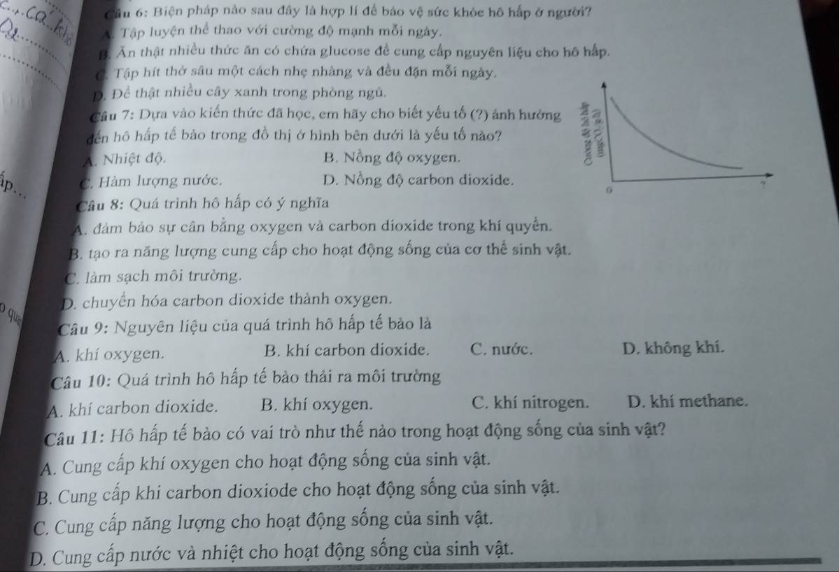 ầu 6: Biện pháp nào sau đây là hợp lí để báo vệ sức khỏc hô hấp ở người?
_A. Tập luyện thể thao với cường độ mạnh mỗi ngày.
_B. Ăn thật nhiều thức ăn có chứa glucose để cung cấp nguyên liệu cho hô hấp.
C. Tập hít thờ sâu một cách nhẹ nhàng và đều đặn mỗi ngày.
Đ. Để thật nhiều cây xanh trong phòng ngủ.
Câu 7: Dựa vào kiến thức đã học, em hãy cho biết yếu tố (?) ảnh hưởng
đến hô hấp tế bào trong đồ thị ở hình bên dưới là yếu tố nào?
A. Nhiệt độ. B. Nồng độ oxygen.
_
C. Hàm lượng nước. D. Nồng độ carbon dioxide.
Cầu 8: Quá trình hô hấp có ý nghĩa
A. đảm bảo sự cân bằng oxygen và carbon dioxide trong khí quyển.
B. tạo ra năng lượng cung cấp cho hoạt động sống của cơ thể sinh vật.
C. làm sạch môi trường.
D. chuyển hóa carbon dioxide thành oxygen.
o qu
Câu 9: Nguyên liệu của quá trình hô hấp tế bảo là
A. khí oxygen. B. khí carbon dioxide. C. nước. D. không khí.
Câu 10: Quá trình hô hấp tế bảo thải ra môi trường
A. khí carbon dioxide. B. khí oxygen. C. khí nitrogen. D. khí methane.
Câu 11: Hồ hấp tế bào có vai trò như thế nào trong hoạt động sống của sinh vật?
A. Cung cấp khí oxygen cho hoạt động sống của sinh vật.
B. Cung cấp khi carbon dioxiode cho hoạt động sống của sinh vật.
C. Cung cấp năng lượng cho hoạt động sống của sinh vật.
D. Cung cấp nước và nhiệt cho hoạt động sống của sinh vật.