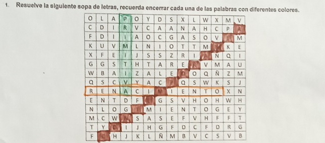 Resuelve la siguiente sopa de letras, recuerda encerrar cada una dferentes colores.
F H J K L M B V C S