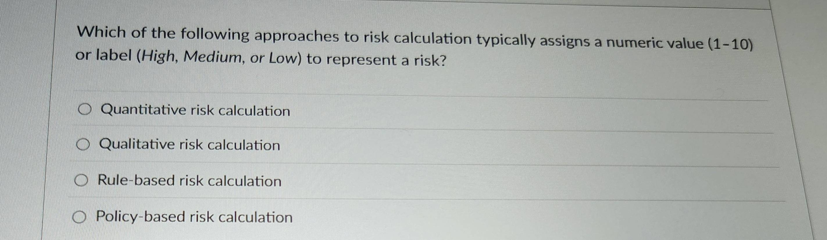 Solved: Which of the following approaches to risk calculation typically ...