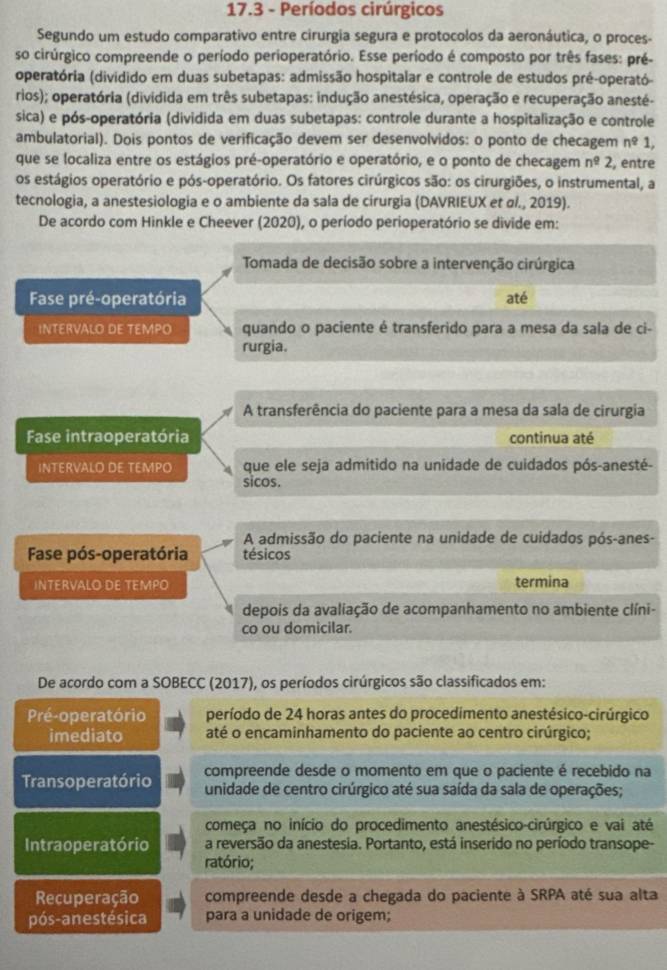 17.3 - Períodos cirúrgicos
Segundo um estudo comparativo entre cirurgia segura e protocolos da aeronáutica, o proces-
so cirúrgico compreende o período perioperatório. Esse período é composto por três fases: pré-
operatória (dividido em duas subetapas: admissão hospitalar e controle de estudos pré-operató-
rios); operatória (dividida em três subetapas: indução anestésica, operação e recuperação anesté-
sica) e pós-operatória (dividida em duas subetapas: controle durante a hospitalização e controle
ambulatorial). Dois pontos de verificação devem ser desenvolvidos: o ponto de checagem nº 1,
que se localiza entre os estágios pré-operatório e operatório, e o ponto de checagem n^q2 , entre
os estágios operatório e pós-operatório. Os fatores cirúrgicos são: os cirurgiões, o instrumental, a
tecnologia, a anestesiologia e o ambiente da sala de cirurgia (DAVRIEUX et σl., 2019).
De acordo com Hinkle e Cheever (2020), o período perioperatório se divide em:
Tomada de decisão sobre a intervenção cirúrgica
Fase pré-operatória até
INTERVALO DE TEMPO quando o paciente é transferido para a mesa da sala de ci-
rurgia.
A transferência do paciente para a mesa da sala de cirurgia
Fase intraoperatória continua até
INTERVALO DE TEMPO que ele seja admitido na unidade de cuidados pós-anesté-
sicos.
A admissão do paciente na unidade de cuidados pós-anes-
Fase pós-operatória tésicos
INTERVALO DE TEMPO termina
depois da avaliação de acompanhamento no ambiente clíni-
co ou domicilar.
De acordo com a SOBECC (2017), os períodos cirúrgicos são classificados em:
Pré-operatório período de 24 horas antes do procedimento anestésico-cirúrgico
imediato até o encaminhamento do paciente ao centro cirúrgico;
Transoperatório compreende desde o momento em que o paciente é recebido na
unidade de centro cirúrgico até sua saída da sala de operações;
começa no início do procedimento anestésico-cirúrgico e vai até
Intraoperatório a reversão da anestesia. Portanto, está inserido no período transope-
ratório;
Recuperação compreende desde a chegada do paciente à SRPA até sua alta
pós-anestésica para a unidade de origem;