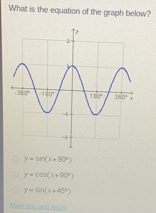 What is the equation of the graph below?
y=sin (x+90°)
y=cos (x+90°)
y=sin (x+45°)
Mark this and retum