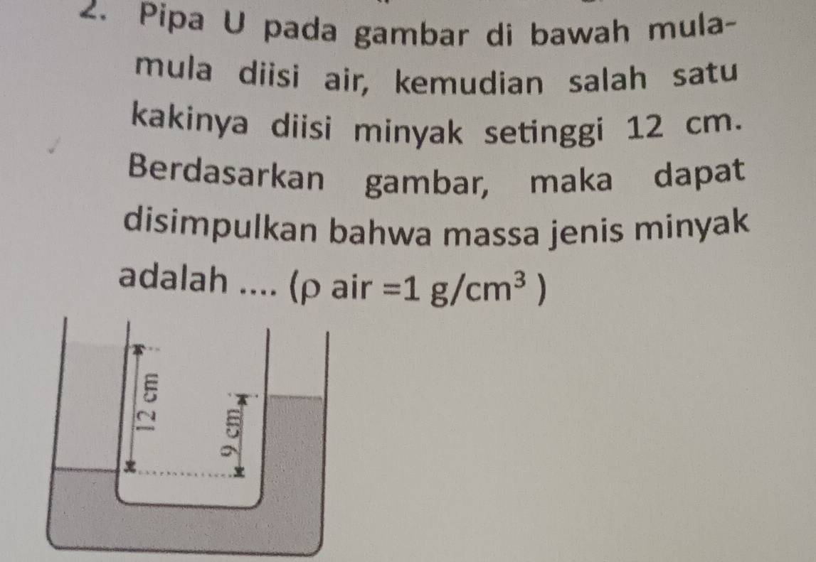 Pipa U pada gambar di bawah mula- 
mula diisi air, kemudian salah satu 
kakinya diisi minyak setinggi 12 cm. 
Berdasarkan gambar, maka dapat 
disimpulkan bahwa massa jenis minyak 
adalah .... (ρ air =1g/cm^3)
~