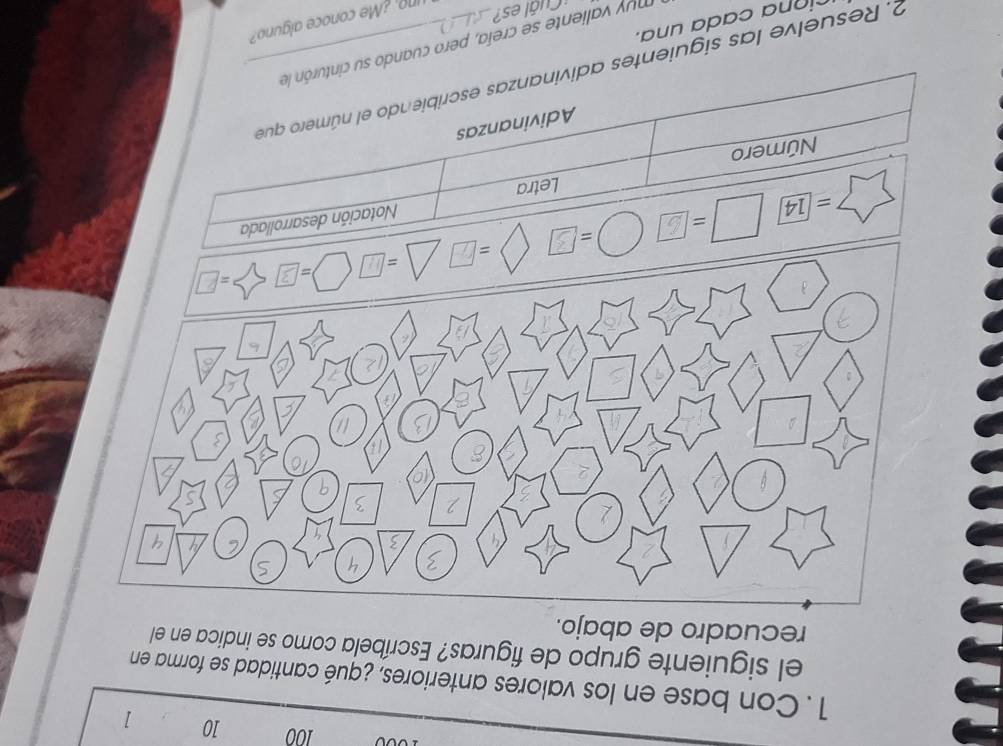 100 10 1
1. Con base en los valores anteriores, ¿qué cantidad se forma en
el siguiente grupo de figuras? Escríbela como se indica en el
recuadro de abajo.
=boxed 1 □ =L bigcirc
Notación desarrollada
Número Letra
Adivinanzas
2. Resuelve las siguientes adivinanzas escribiendo el número que
+
muy valiente se creía, pero cuando su cinturón le
cin n a cada una.
Cul es?
I   ¿ Me conoce alguno