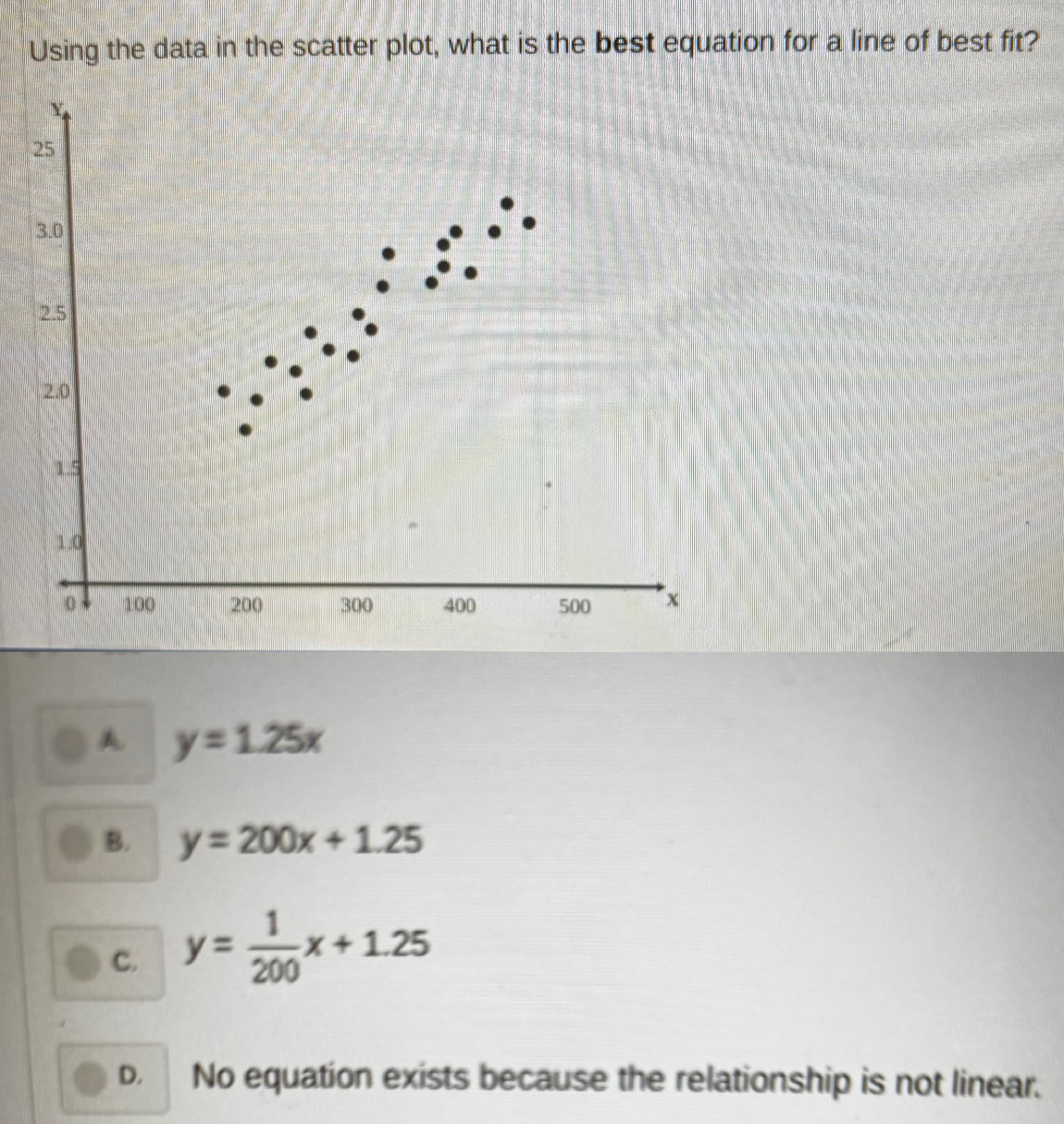 Using the data in the scatter plot, what is the best equation for a line of best fit?
25
3.0
2.5
2.0
1.5
1.0
o 100 200 300 400 500 x
A y=1.25x
B. y=200x+1.25
C. y= 1/200 x+1.25
D. No equation exists because the relationship is not linear.