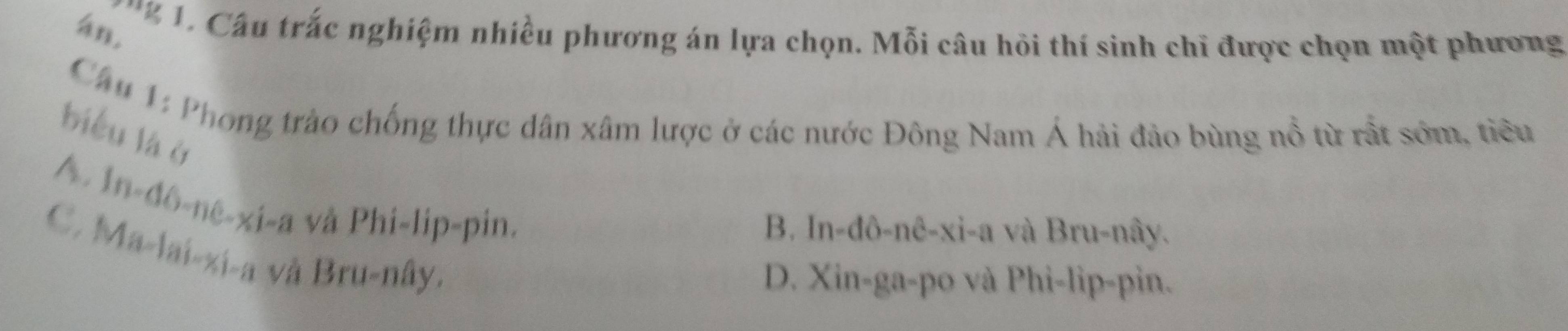 án,
' ' 1. â u trắc nghiệm nhiều phương án lựa chọn. Mỗi câu hỏi thí sinh chỉ được chọn một phương
Cầu 1: Phong trào chống thực dân xâm lược ở các nước Đông Nam Á hải đảo bùng nổ từ rất sớm, tiêu
biểu là ở
A. In-đô-nê-xi-a và Phi-lip-pin.
B. In-đô-nê-xi-a và Bru-nây.
C. Ma-lai-zi-a và Bru-nây.
D. Xin-ga-po và Phi-lip-pin.