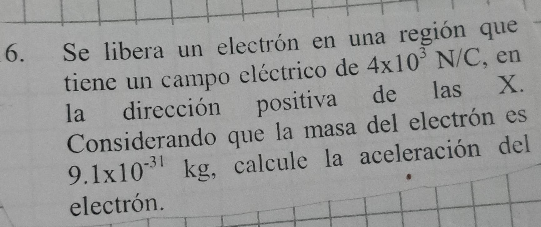 Se libera un electrón en una región que 
tiene un campo eléctrico de 4* 10^3N/C , en 
la dirección positiva de las X. 
Considerando que la masa del electrón es
9.1* 10^(-31)kg , calcule la aceleración del 
electrón.