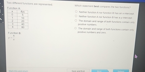 Two different functions are represented. Which statement best compares the two functions?
Function A: Neither function A nor function B has an x-intercept.
Neither function A nor function B has a y-intercept.
The domain and range of both functions contain only
positive numbers.
The domain and range of both functions contain only
Function B: positive numbers and zero.
y- 4/x 
Mark this and retun Save and Exit