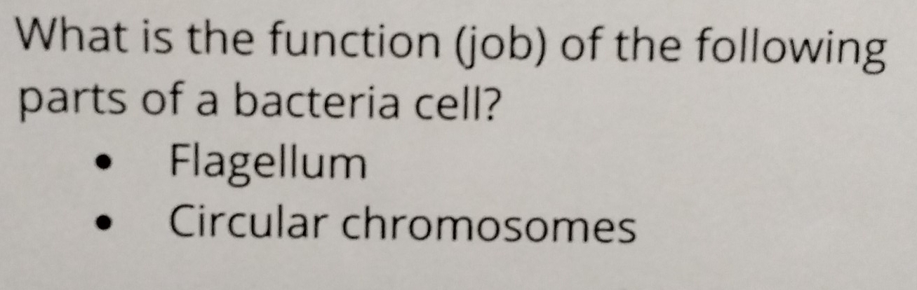 What is the function (job) of the following
parts of a bacteria cell?
Flagellum
Circular chromosomes