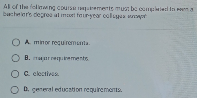 All of the following course requirements must be completed to earn a
bachelor's degree at most four-year colleges except.
A. minor requirements.
B. major requirements.
C. electives.
D. general education requirements.