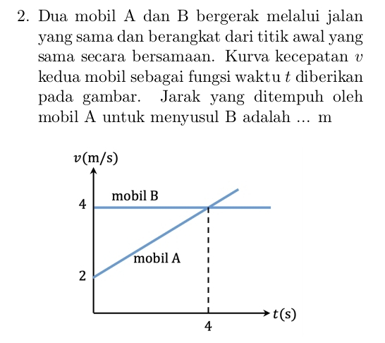 Dua mobil A dan B bergerak melalui jalan
yang sama dan berangkat dari titik awal yang
sama secara bersamaan. Kurva kecepatan v
kedua mobil sebagai fungsi waktu t diberikan
pada gambar. Jarak yang ditempuh oleh
mobil A untuk menyusul B adalah ... m