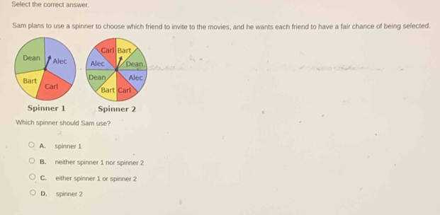 Select the correct answer.
Sam plans to use a spinner to choose which friend to invite to the movies, and he wants each friend to have a fair chance of being selected.

Which spinner should Sam use?
A. spinner 1
B. neither spinner 1 nor spinner 2
C. either spinner 1 or spinner 2
D. spinner 2