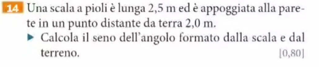 Una scala a pioli è lunga 2,5 m ed è appoggiata alla pare- 
te in un punto distante da terra 2,0 m. 
Calcola il seno dell’angolo formato dalla scala e dal 
terreno. [0,80]