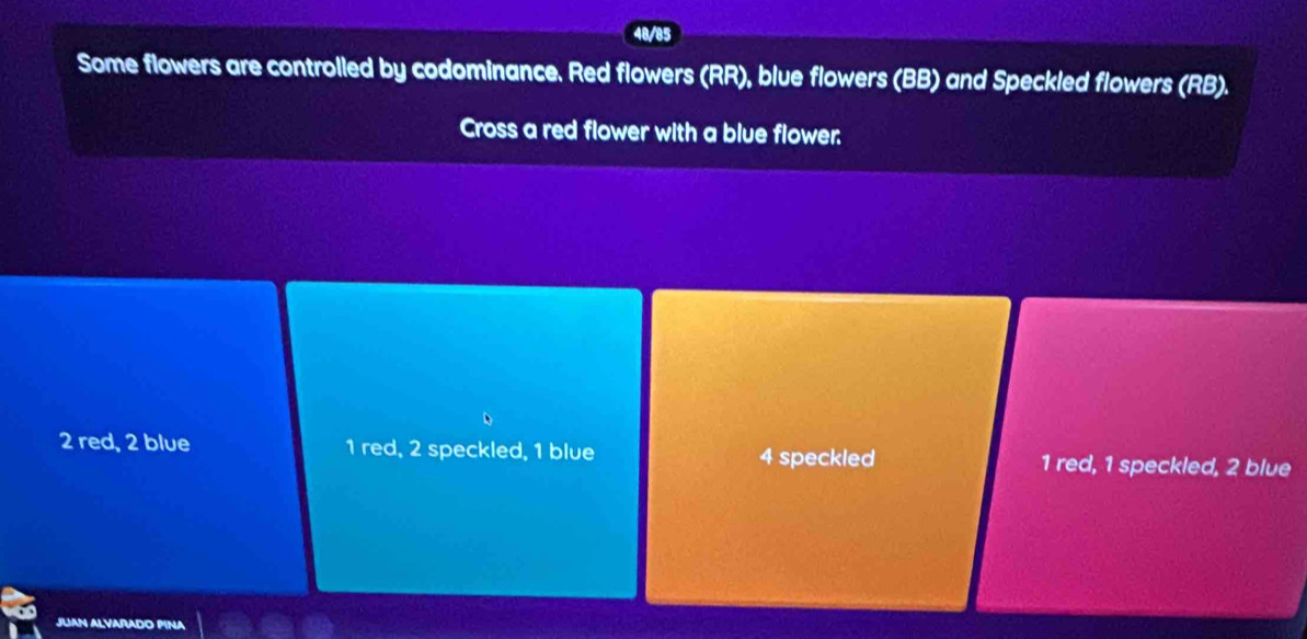 48/85
Some flowers are controlled by codominance. Red flowers (RR), blue flowers (BB) and Speckled flowers (RB).
Cross a red flower with a blue flower.
2 red, 2 blue 1 red, 2 speckled, 1 blue 4 speckled 1 red, 1 speckled, 2 blue
JUAN ALVARADO MN