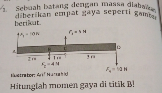 Sebuah batang dengan massa diabaikan
diberikan empat gaya seperti gambar
berikut.
Ilustrator: Arif Nursahid
Hitunglah momen gaya di titik B!