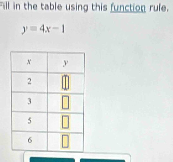 Fill in the table using this function rule.
y=4x-1