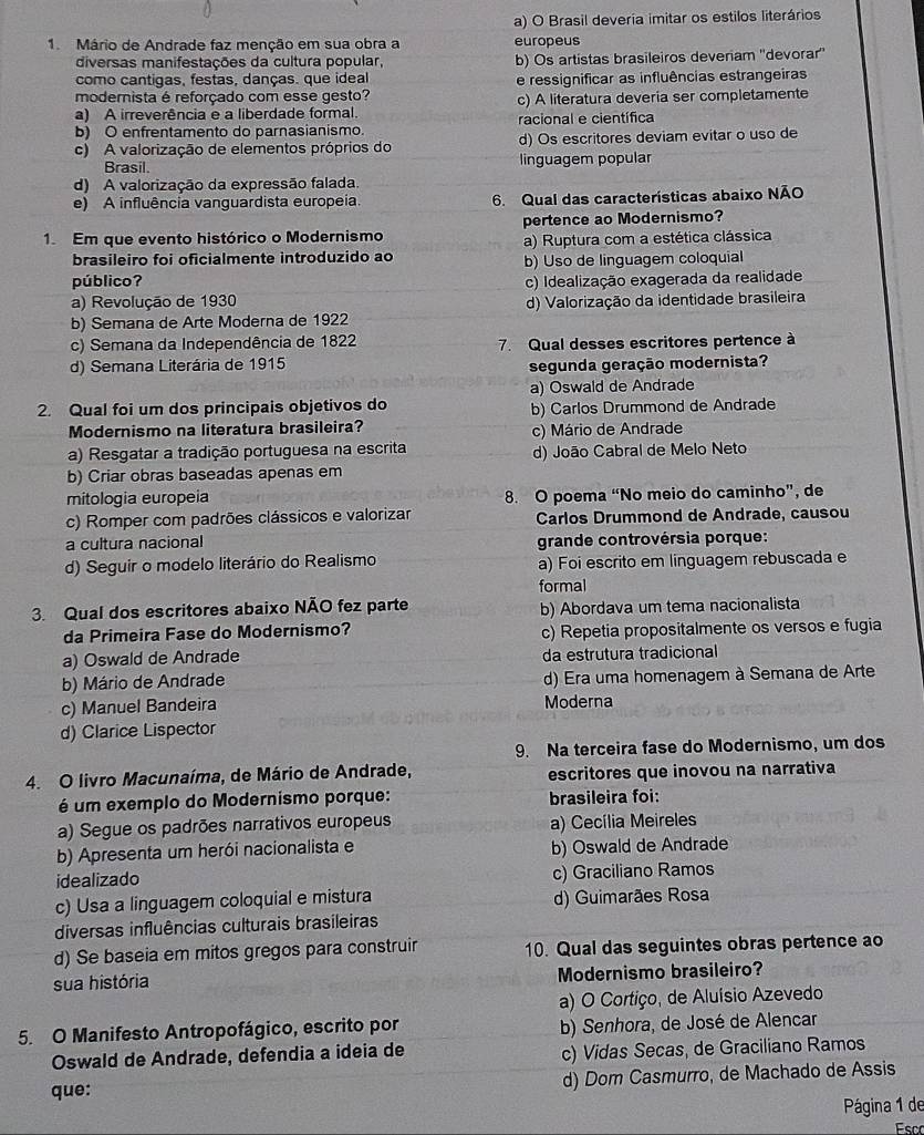 a) O Brasil deveria imitar os estilos literários
1. Mário de Andrade faz menção em sua obra a europeus
diversas manifestações da cultura popular, b) Os artistas brasileiros deveriam ''devorar''
como cantigas, festas, danças. que ideal e ressignificar as influências estrangeiras
modernista é reforçado com esse gesto? c) A literatura deveria ser completamente
a) A irreverência e a liberdade formal.
b) O enfrentamento do parnasianismo racional e científica
c) A valorização de elementos próprios do d) Os escritores deviam evitar o uso de
Brasil linguagem popular
d) A valorização da expressão falada
e) A influência vanguardista europeia 6. Qual das características abaixo NÃO
1. Em que evento histórico o Modernismo pertence ao Modernismo?
a) Ruptura com a estética clássica
brasileiro foi oficialmente introduzido ao b) Uso de linguagem coloquial
público?
a) Revolução de 1930 c) Idealização exagerada da realidade
b) Semana de Arte Moderna de 1922 d) Valorização da identidade brasileira
c) Semana da Independência de 1822 7. Qual desses escritores pertence à
d) Semana Literária de 1915 segunda geração modernista?
a) Oswald de Andrade
2. Qual foi um dos principais objetivos do b) Carlos Drummond de Andrade
Modernismo na literatura brasileira? c) Mário de Andrade
a) Resgatar a tradição portuguesa na escrita d) João Cabral de Melo Neto
b) Criar obras baseadas apenas em
mitologia europeia 8. O poema “No meio do caminho”, de
c) Romper com padrões clássicos e valorizar Carlos Drummond de Andrade, causou
a cultura nacional  grande controvérsia porque:
d) Seguir o modelo literário do Realismo a) Foi escrito em linguagem rebuscada e
formal
3. Qual dos escritores abaixo NÃO fez parte b) Abordava um tema nacionalista
da Primeira Fase do Modernismo? c) Repetia propositalmente os versos e fugia
a) Oswald de Andrade da estrutura tradicional
b) Mário de Andrade d) Era uma homenagem à Semana de Arte
c) Manuel Bandeira Moderna
d) Clarice Lispector
9. Na terceira fase do Modernismo, um dos
4. O livro Macunaíma, de Mário de Andrade, escritores que inovou na narrativa
é um exemplo do Modernismo porque: brasileira foi:
a) Segue os padrões narrativos europeus a) Cecília Meireles
b) Apresenta um herói nacionalista e b) Oswald de Andrade
idealizado c) Graciliano Ramos
c) Usa a linguagem coloquial e mistura d) Guimarães Rosa
diversas influências culturais brasileiras
d) Se baseia em mitos gregos para construir 10. Qual das seguintes obras pertence ao
sua história Modernismo brasileiro?
a) O Cortiço, de Aluísio Azevedo
5. O Manifesto Antropofágico, escrito por  b) Senhora, de José de Alencar
Oswald de Andrade, defendia a ideia de c) Vidas Secas, de Graciliano Ramos
que: d) Dom Casmurro, de Machado de Assis
Página 1 de
Esco