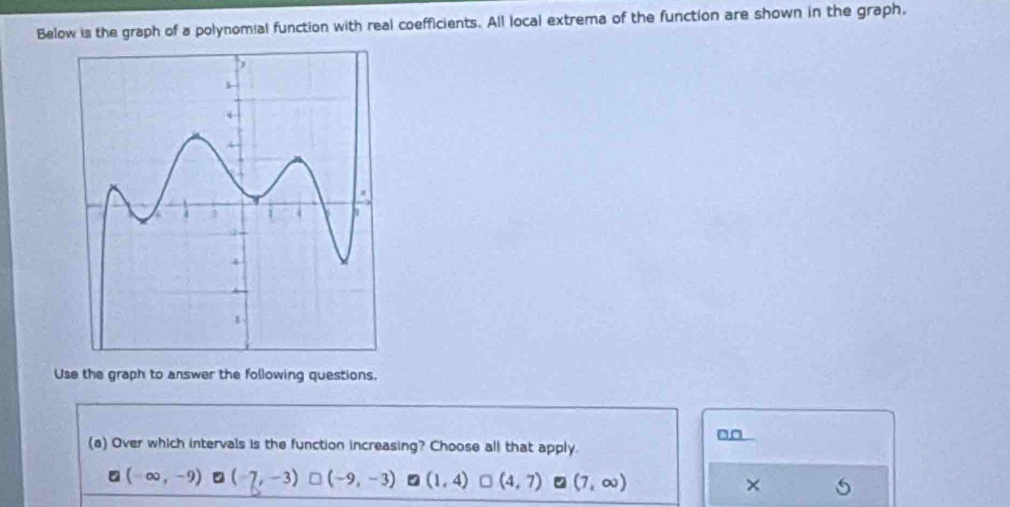 Below is the graph of a polynomial function with real coefficients. All local extrema of the function are shown in the graph,
Use the graph to answer the following questions.
(a) Over which intervals is the function increasing? Choose all that apply.
7 (-∈fty ,-9) □ (-7,-3) (-9,-3) (1,4) (4,7) (7,∈fty ) ×