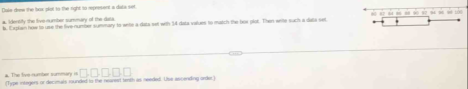 Dale drew the box plot to the right to represent a data set.
80 82 84 92 94 96 98 100
a. Identify the five-number summary of the data 
b. Explain how to use the five-number summary to write a data set with 14 data values to match the box plot. Then write such a data set 
a. The five-number summary is□ ,□ ,□ ,□ ,□ ,□
(Type integers or decimals rounded to the nearest tenth as needed. Use ascending order,)